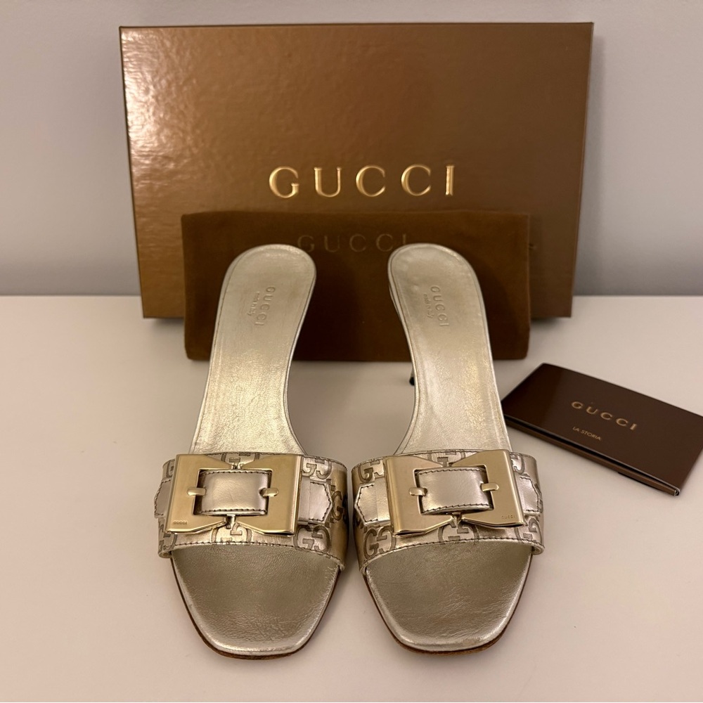 Authentic Gucci Vernice Horsebit Bow High Heel Mules in metallic gold, Size 6.5